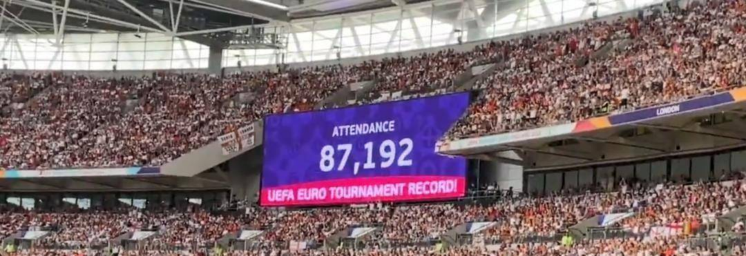 2022年，共有87192名观众来到温布利体育场观看了女足欧洲杯决赛，刷新了赛事新纪录。