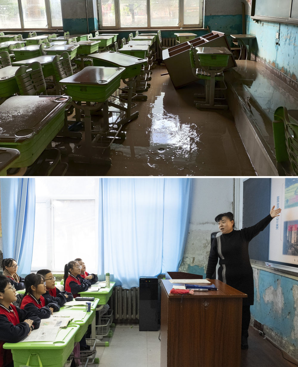 这是一张拼版照片:上图为黑龙江省尚志市希望中学遭受洪涝灾害的教室