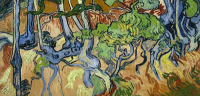 《树根》，1890，梵高，布面油画，纵50厘米，横100厘米，现藏阿姆斯特丹梵高博物馆。在生命的最后一段时间里，梵高常采用双倍大的画布进行创作，这幅画就是其中之一，暴露的树根体现了人生的挣扎，也有学者认为这幅画是其去世前的最后一幅
