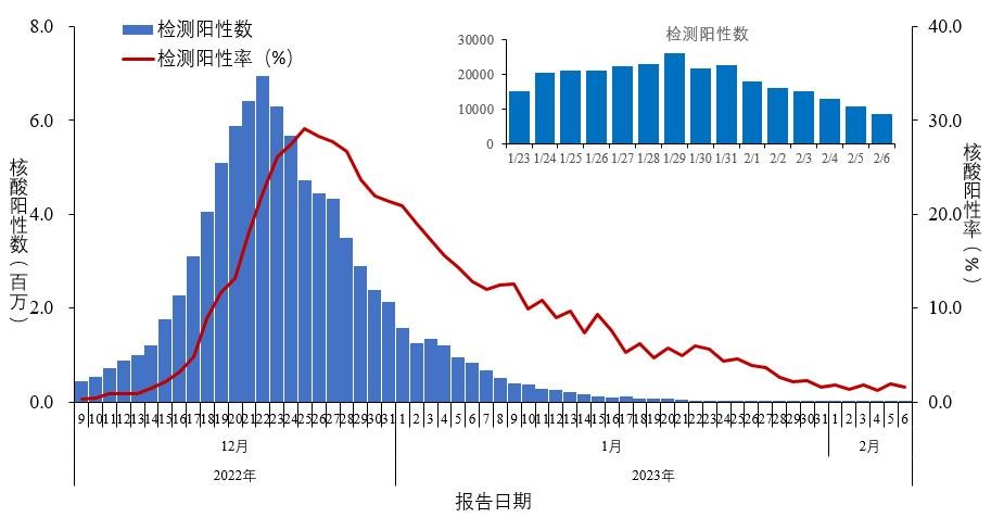 图1-1 全国报告人群新型冠状病毒核酸检测阳性数及阳性率变化趋势(数据来源于31个省(区、市)及新疆生产建设兵团报告)
