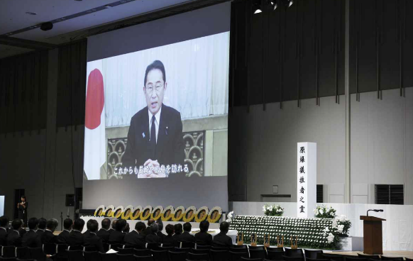 9日，岸田文雄在长崎纪念活动上发表视频寄语，图自日媒