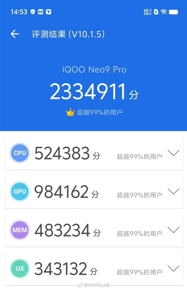 天玑9300超233万刷新记录!iQOO Neo9 Pro跑分首曝