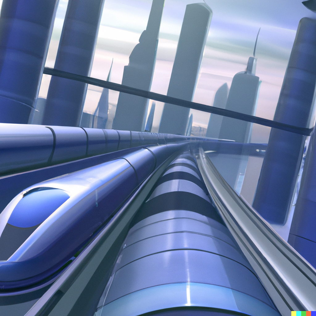 图由 DALL·E 生成: future world enabled by superconductors, with maglev trains passing through a futuristic city