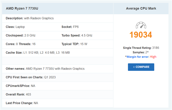 AMD锐龙7 7730U性能首测:跟两年前的锐龙5000U几乎毫无区别