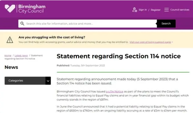 伯明翰議會官網(wǎng)發(fā)布的“第114條通知”