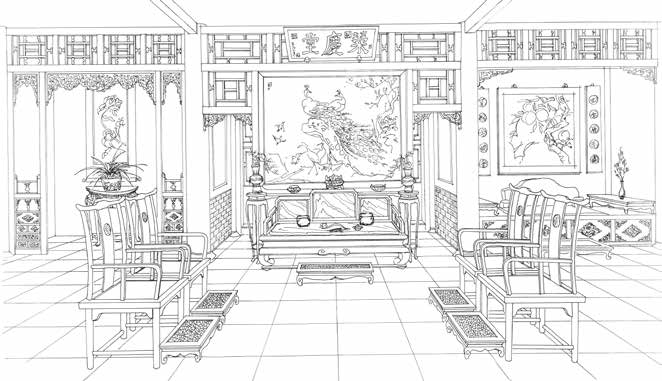 贾母上房明间示意图。荣庆堂应是贾母上房的名字,相较于荣禧堂的肃穆,这里以日常舒适为主,厅内当中便设有一榻,引枕靠背脚踏俱全,贾母常靠在榻上与子孙共叙天伦之乐。来源/黄云皓 著《图解红楼梦建筑意象》