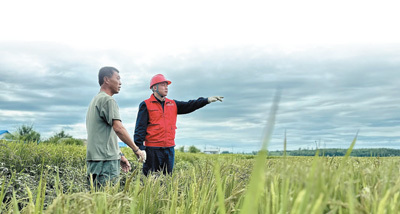 8月12日，国网黑龙江电力李庆长共产党员服务队队长梅宏刚（右）在五常市安家镇帮助农户开展灾后重建服务工作。　　