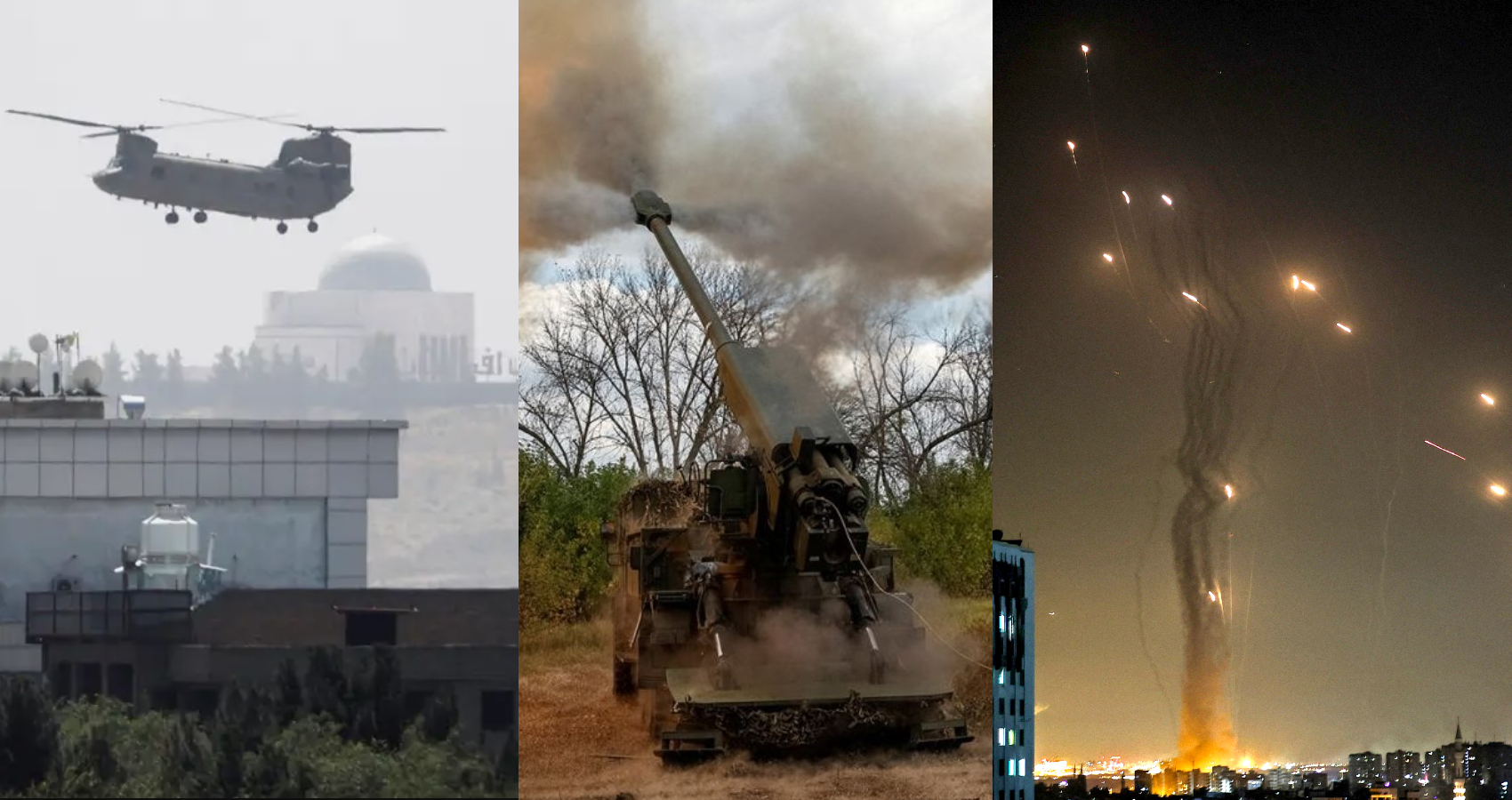 美军撤出阿富汗（左）、俄乌冲突（中）、以色列拦截哈马斯导弹（右）