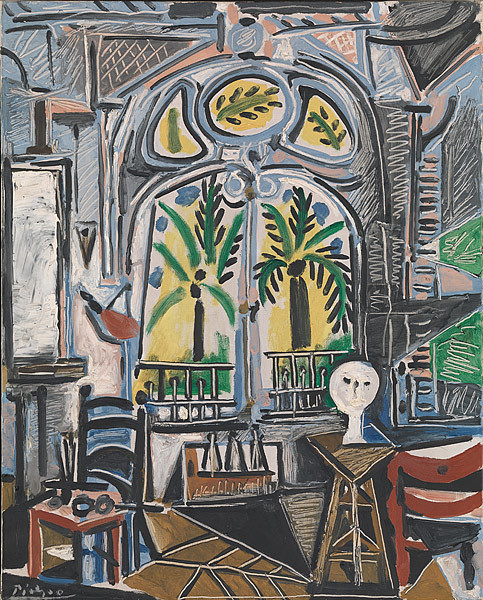 毕加索，《画室》，1955；1955年毕加索买下了距戛纳不远的别墅。画面描绘了别墅中的大画室，画中空无一人，似乎表达着斯人已逝的空寂。或许，这是毕加索对马蒂斯这位故友逝世最温情的道别(非此次展览展品)