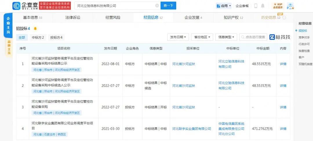 企查查app中显示的立驰科技招投标信息