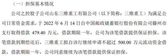 三维钢构控股子公司三维重工拟向银行申请479.4万借款 公司为该笔借款提供保证担保