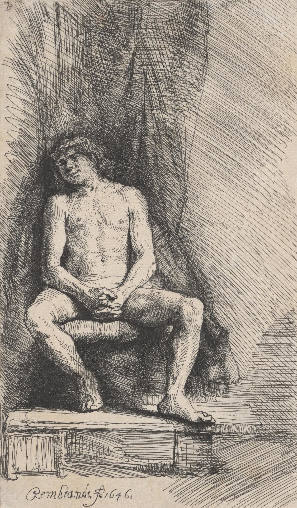 伦勃朗，《坐在窗帘前的裸体男子》，1646年，维多利亚国立美术馆藏