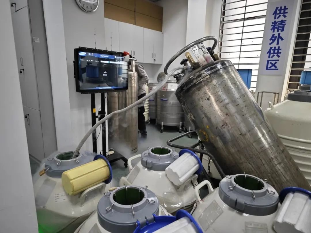 工作人员正在加液氮。/新周刊记者摄