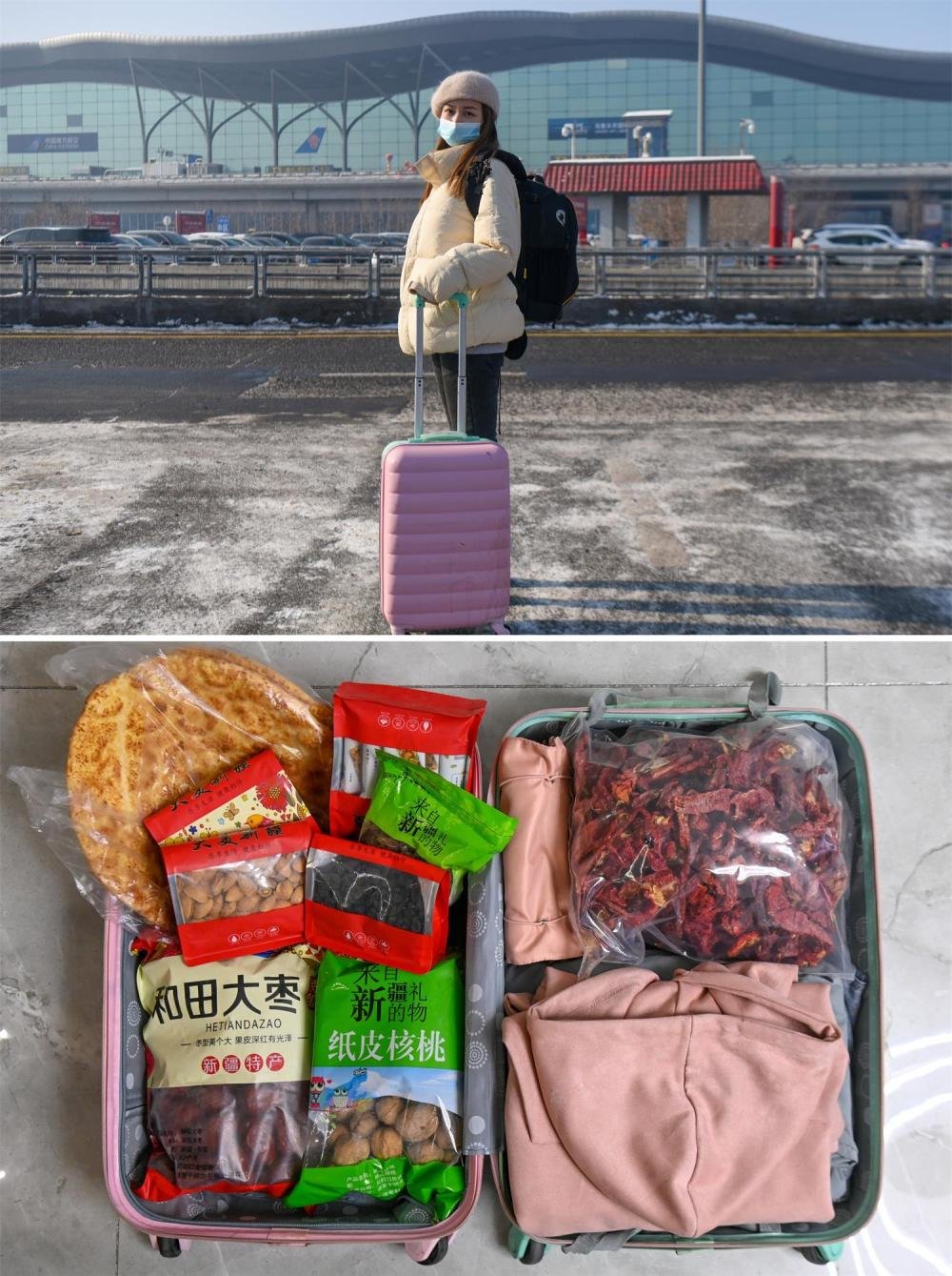 拼版照片:上图为新疆女孩戴诗蕊在新疆乌鲁木齐地窝堡国际机场t3航站