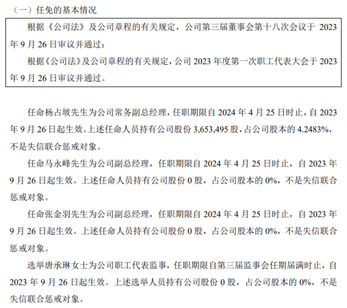 科创新材任命马永峰、张金羽为公司副总经理 2023年上半年公司净利898.09万