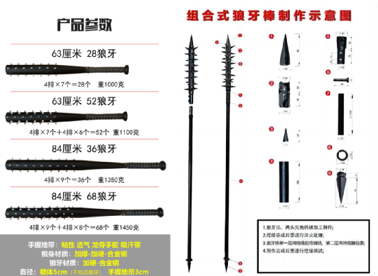 ▲左边是普通的狼牙棒,右边是典型的“组合式狼牙棒”相比于普通款,“组合式”的长度更长,需要双手操作,尤其适合多人排成方阵进行“阵战”