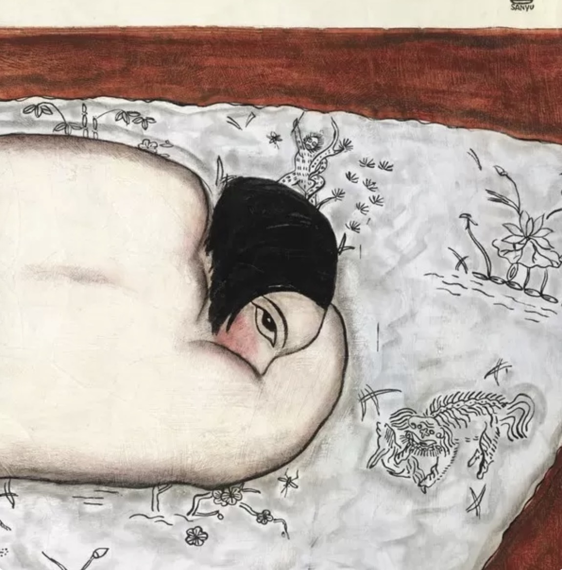 《花毯上的侧卧裸女》局部