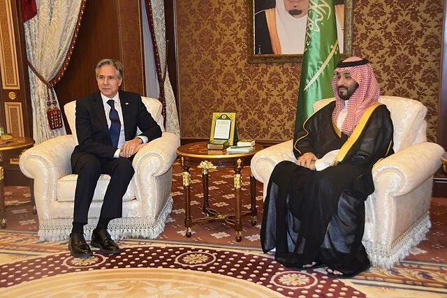 ▲6月7日，沙特王储兼首相穆罕默德·本·萨勒曼在吉达会见美国国务卿布林肯。