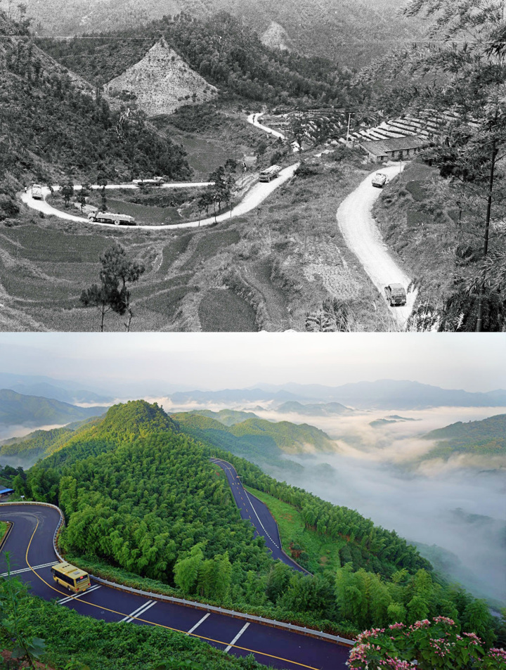 通往余姚横坎头村的路前后对比图.余姚梁弄镇供图