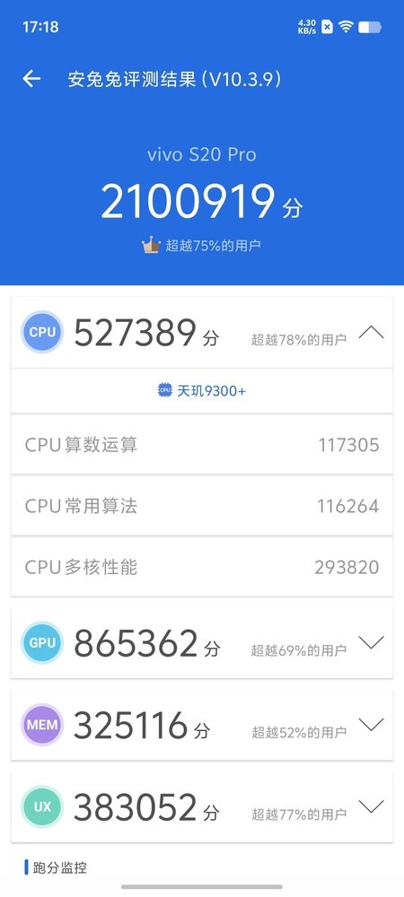 vivo S20 Pro最终跑出了210万分的成绩