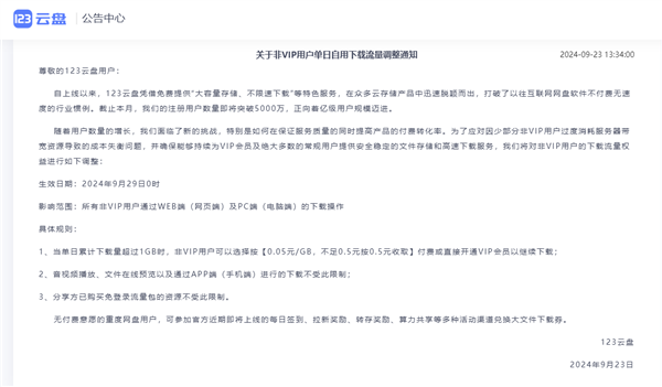 应对非VIP过度消耗带宽 123云盘调整单日下载流量!超出1GB最低0.5元