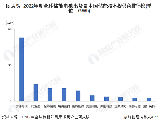 图表5：2022年度众人储能电板出货量中国储能技巧提供商排名榜(单元：GWh)