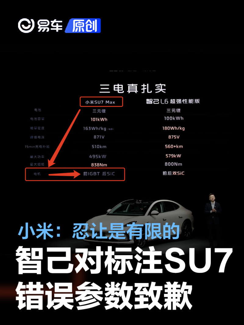 智己汽车针对标注小米su7车型错误参数发布致歉函