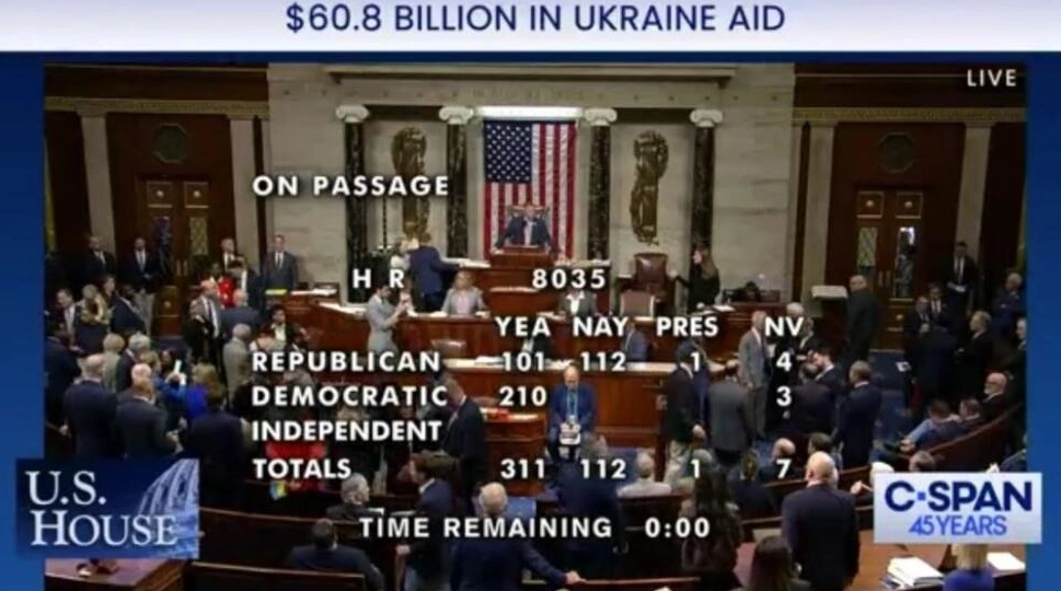 4月20日，美国国会众议院以311比112票通过《2024年乌克兰安全补充拨款法案》。视频截图