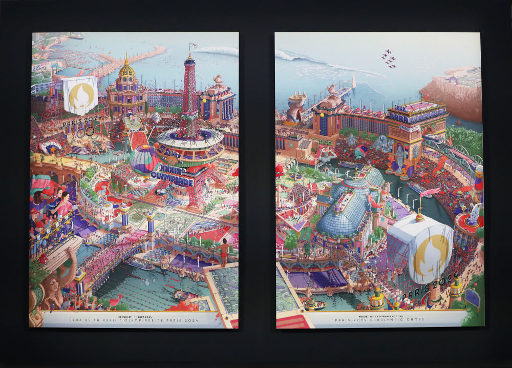 3月4日在法国巴黎奥赛博物馆拍摄的巴黎奥运会官方海报（左）和残奥会官方海报。新华社记者 高静 摄