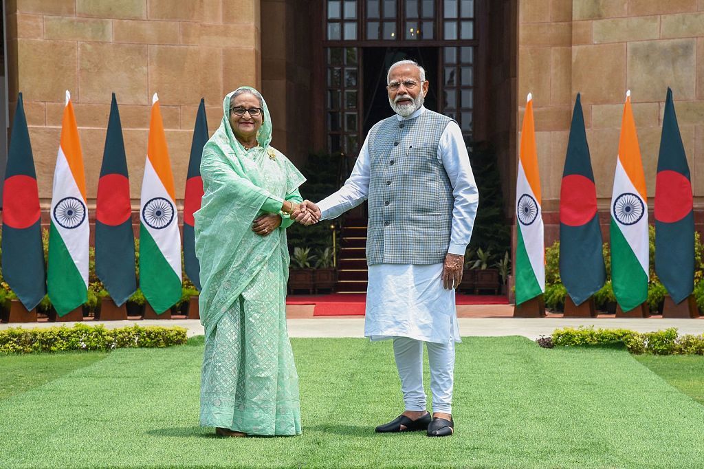 当地手艺2024年6月22日，印度新德里，印度总理莫迪与孟加拉国总理谢赫·哈西娜会晤。（视觉中国）