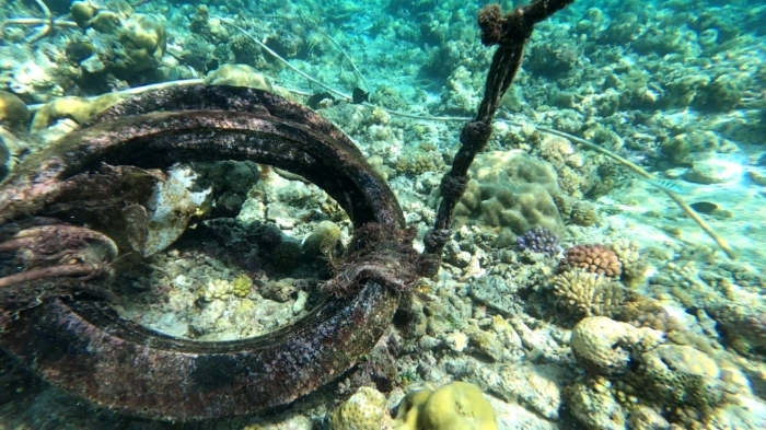 非法“坐滩”军舰北侧浮筒及其海底固定处死亡的珊瑚。(来源:新华社)