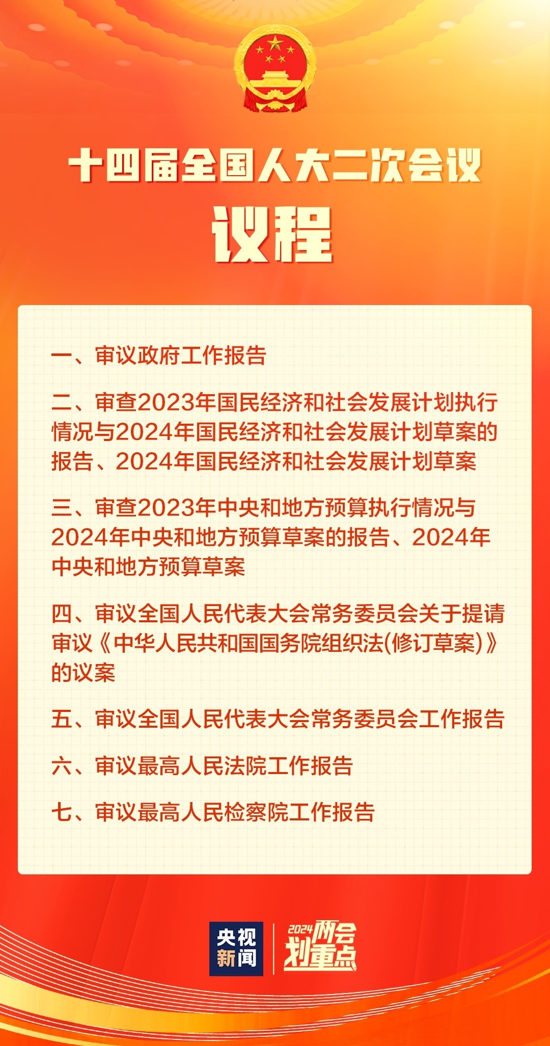 十四届全国人大二次会议3月5日上午开幕 议程发布