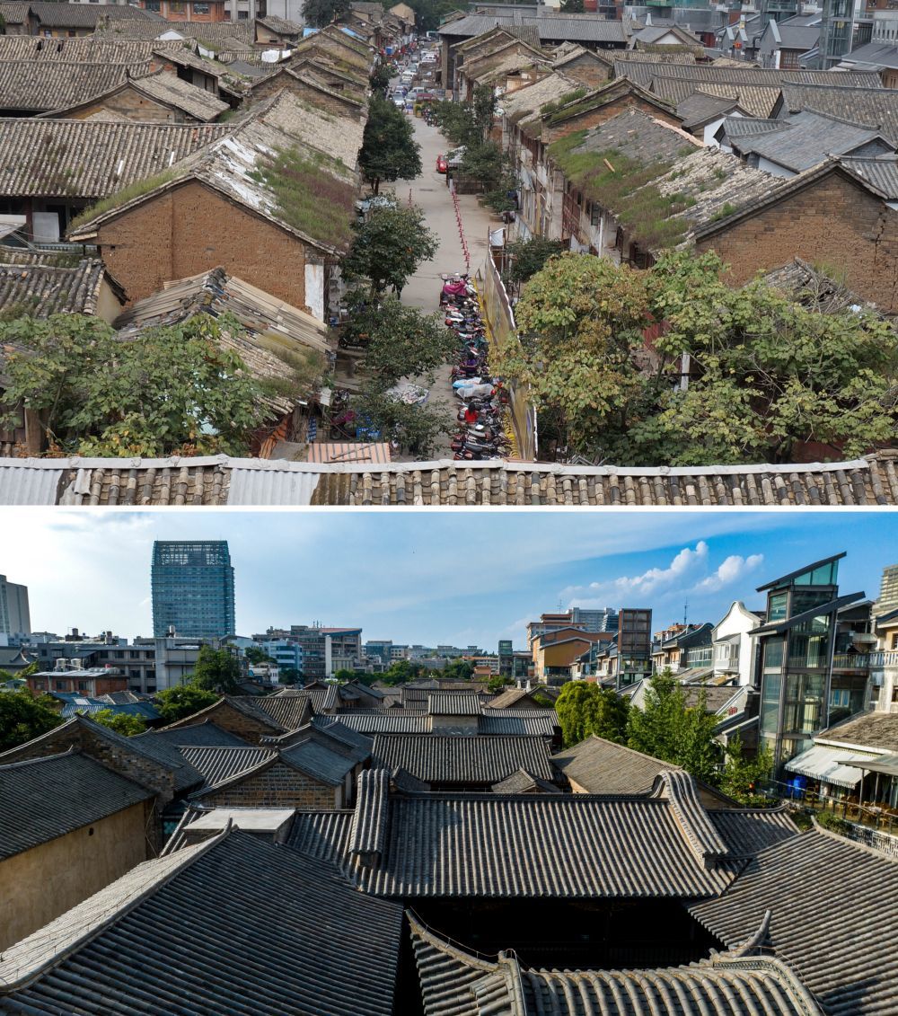 拼版照片：上图是修缮前的昆明老街（资料照片，新华社发陈忆秋摄）；下图是5月13日拍摄的昆明老街（无人机照片）。