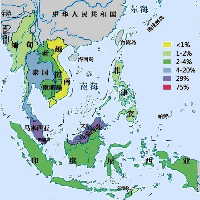 ▲华裔在东南亚地区占有的人口比例