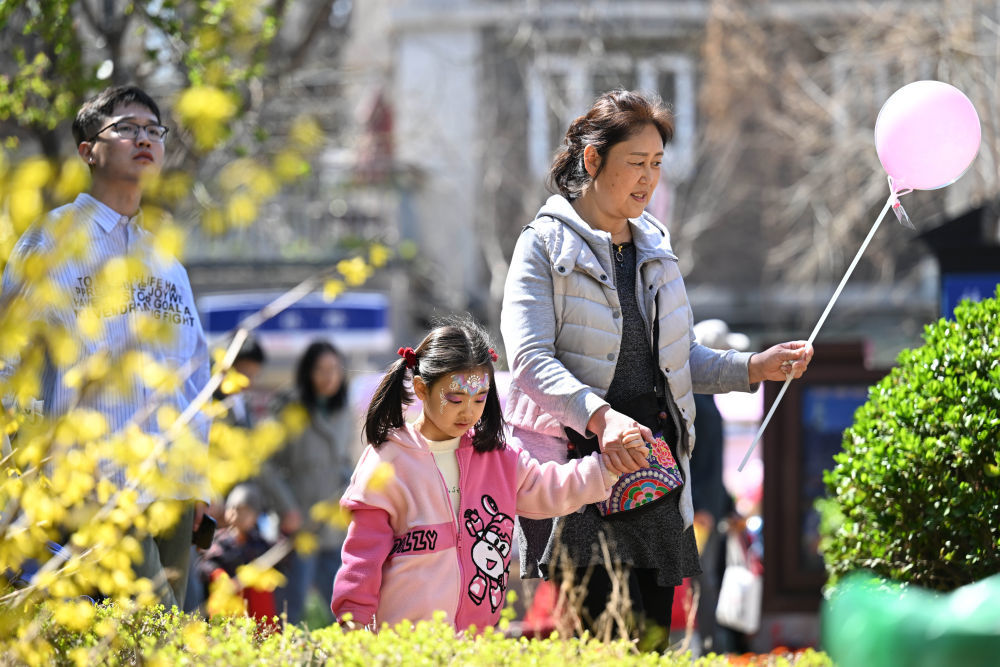 3月30日，游客在天津市五大道风景区游玩。新华社记者 赵子硕 摄