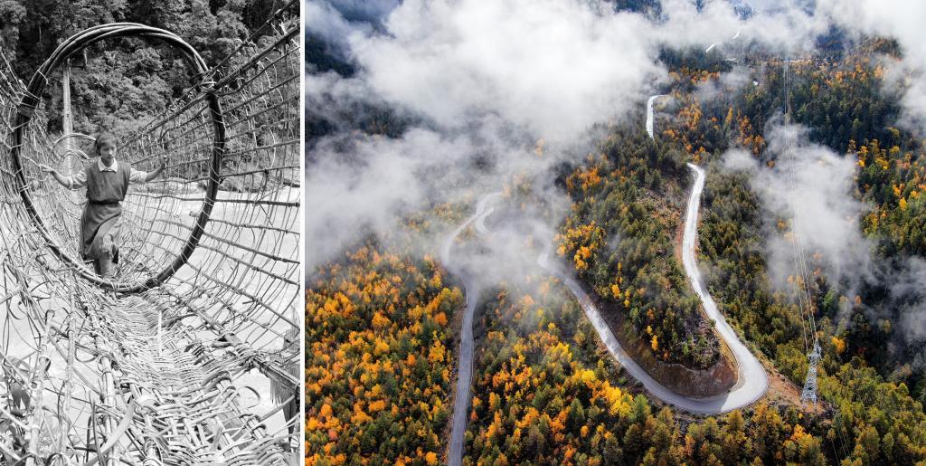 拼版照片：左图是墨脱县雅鲁藏布江上的藤桥（20世纪80年代资料照片，新华社记者顾绶康 摄）；右图是2020年11月5日拍摄的派墨公路米林段公路。新华社发