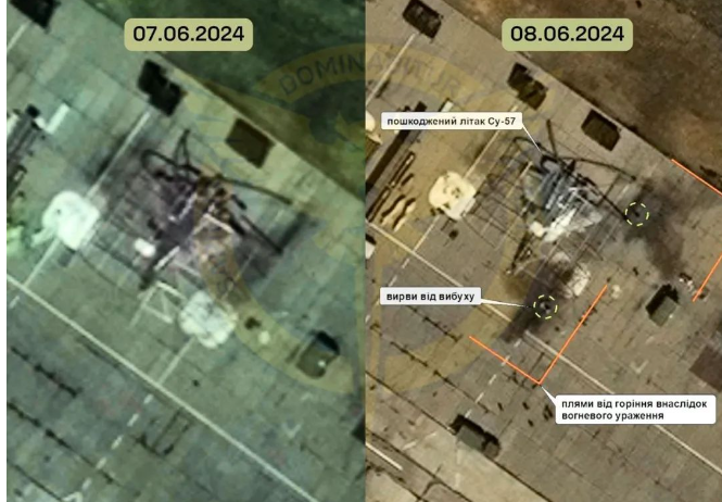 乌军公布的苏-57在地面被摧毁的卫星图像。照片显示，一架苏-57停放在机场，附近地面出现了爆炸燃烧留下来的痕迹。