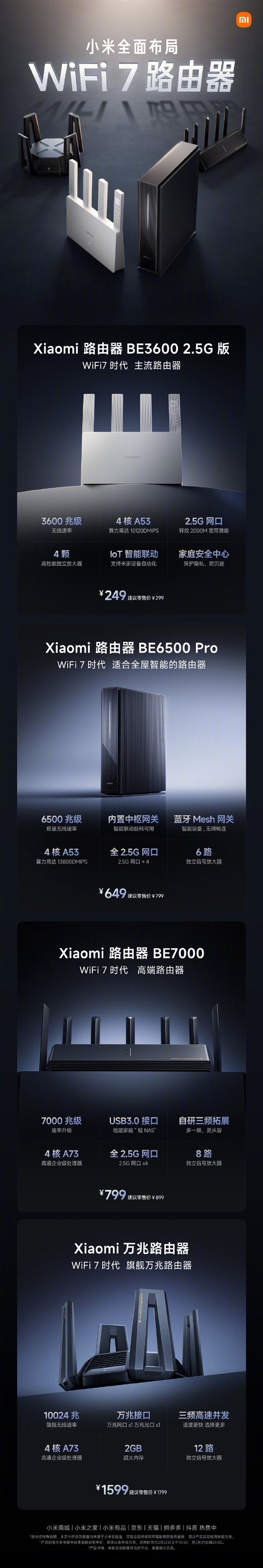 一图了解小米四款Wi-Fi 7路由器:最便宜的只要249元!