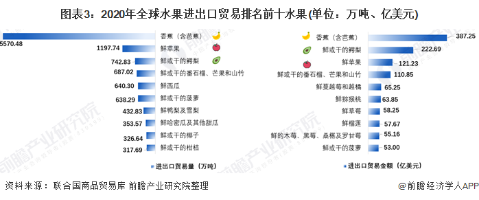 图表3:2020年全球水果进出口贸易排名前十水果(单位:万吨、亿美元)