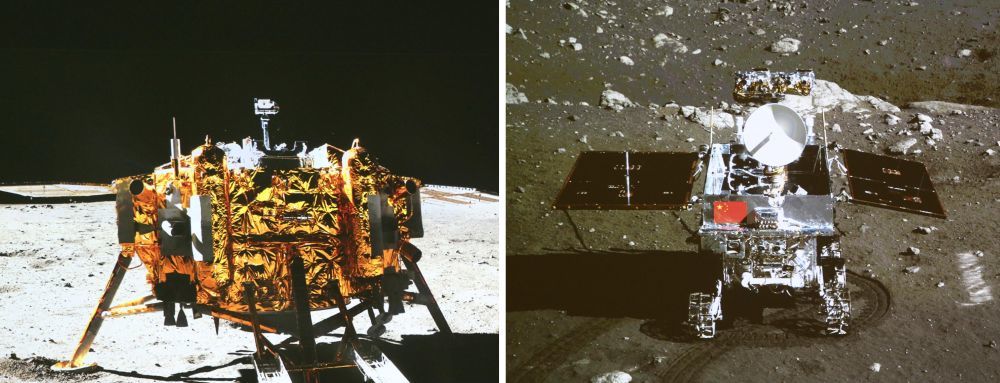 2013年12月15日晚，正在月球上开展科学探测工作的嫦娥三号着陆器和巡视器进行互成像实验，“两器”顺利互拍，嫦娥三号任务取得圆满成功。 这是北京飞控中心大屏幕上显示的嫦娥三号着陆器、巡视器互拍成像（拼版照片）。新华社记者 丁林 摄