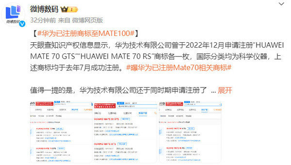 华为已注册商标至MATE100