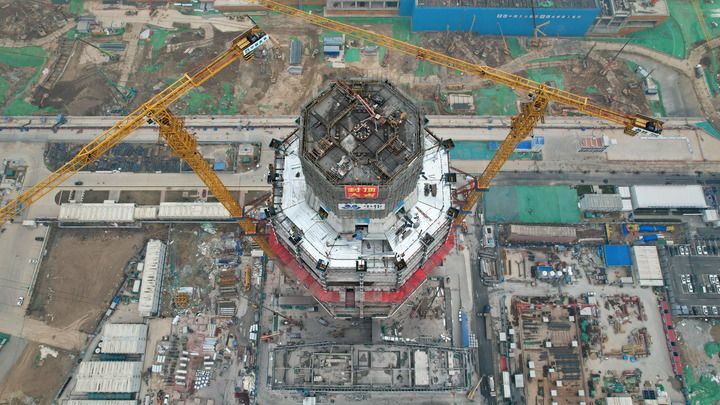 3月27日拍摄的中国中化大厦建设现场（无人机照片）。新华社记者 牟宇 摄