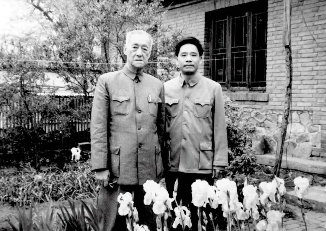 1985年，陈岱孙与晏智杰在北大镜春园79号甲庭院中合影。图/受访者提供