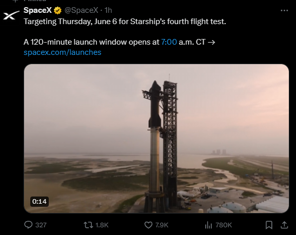 东谈主类史上最强火箭！马斯克SpaceX告示星舰明晚第4次试飞