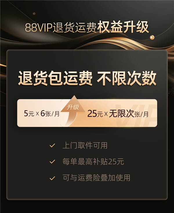 淘宝88VIP会员权益重磅升级 无限次退货包运费!