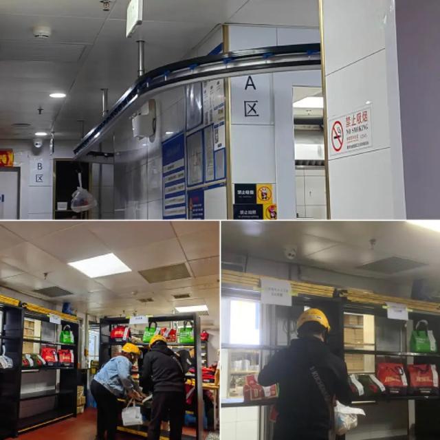 ◎上图:外卖由厨房传送至分拣区 下两图:分拣员按将外卖放置在架子上;外卖员取餐中...