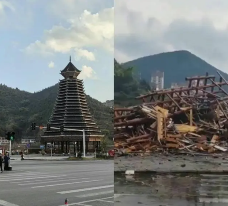 贵州凯里也突降暴雨，导致当地一座木塔倒塌。 网络图