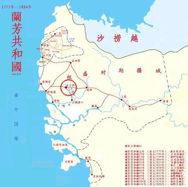 ▲鼎盛时期的兰芳共和国版图,首都东万律如今是兰达克县的一个区