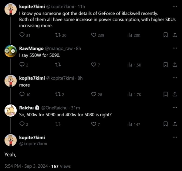 英伟达RTX 50系显卡功耗曝光:5090比上代激增33%、性能比4090高70%