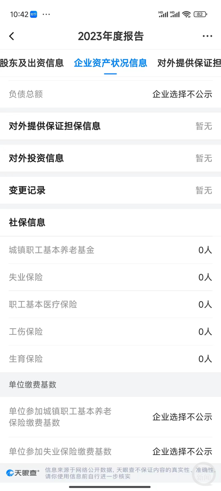 天眼查APP显示，该公司2023年年报中养老保险等参保人数还是0。天眼查截图